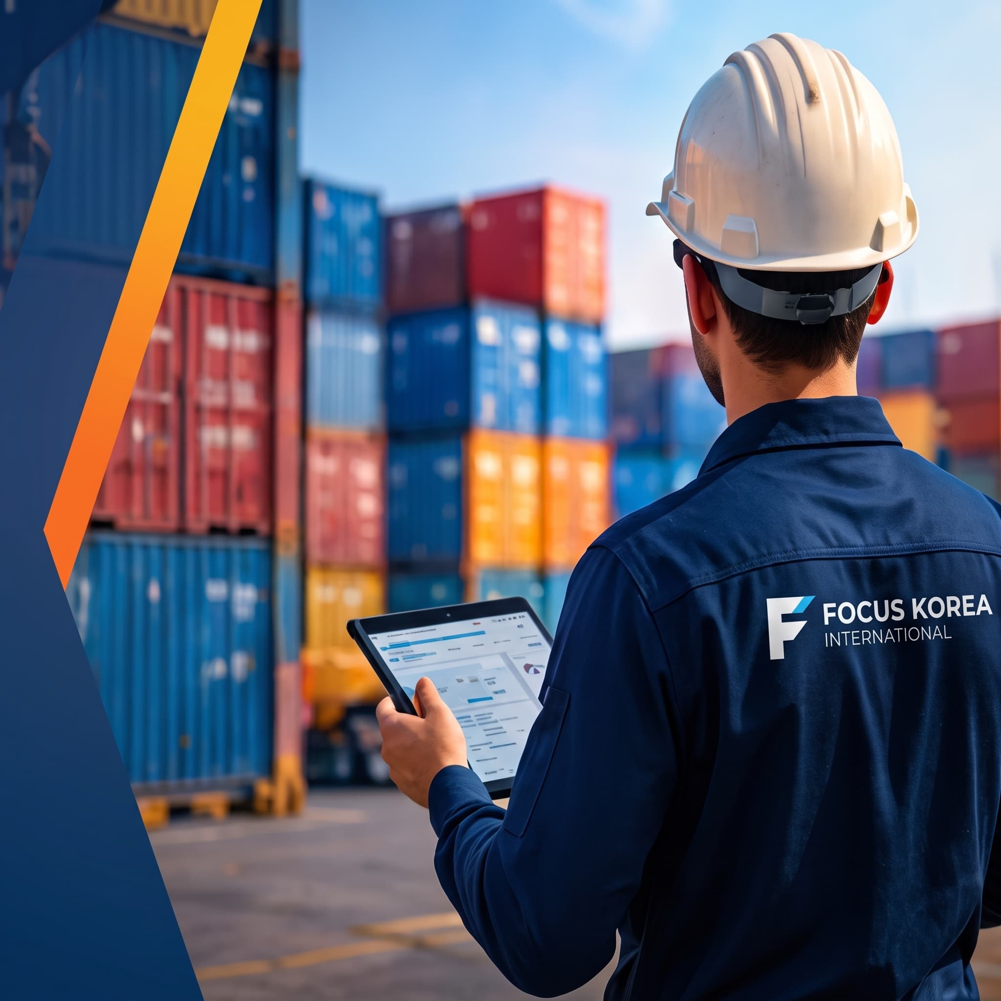 Focus Korea logistics supervisor in hardhat with tablet at container terminal - Worldwide trust